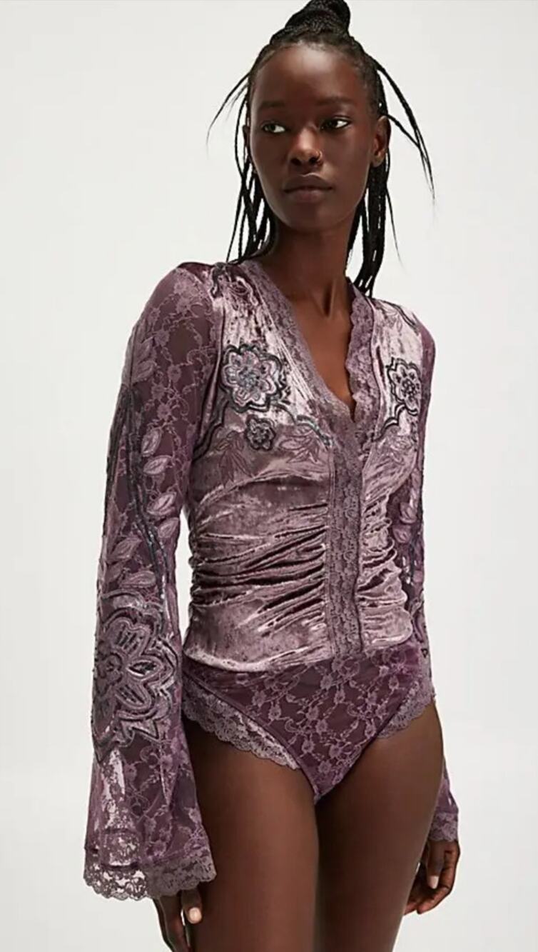 NWOT Free People Intimately Night Owl Bodysuit Women S embroidered Floral Velvet